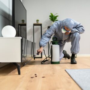 an exterminator spraying under the tv