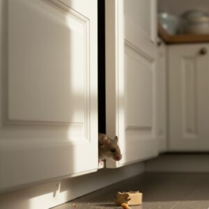 A small rodent cautiously emerges from a gap in kitchen cabinetry.