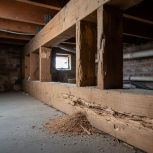 Deeply chewed and eroded wooden beams indicate severe structural damage in a basement.