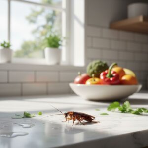A cockroach crawls across a pristine kitchen counter, near a bowl of fresh vegetables.