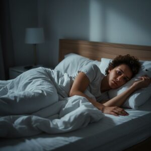 An individual lies awake in bed, looking distressed and unable to find sleep.